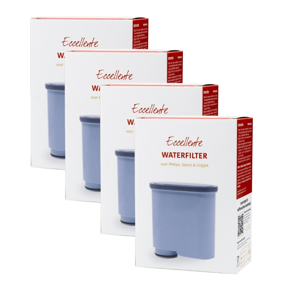 Four white product boxes of Eccellente water filters for Philips, Saeco, and Gaggia on a white background.