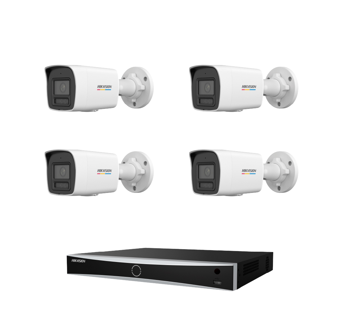 Beyaz arka planda siyah bir DVR ünitesinin üzerinde dört adet beyaz Hikvision güvenlik kamerası.