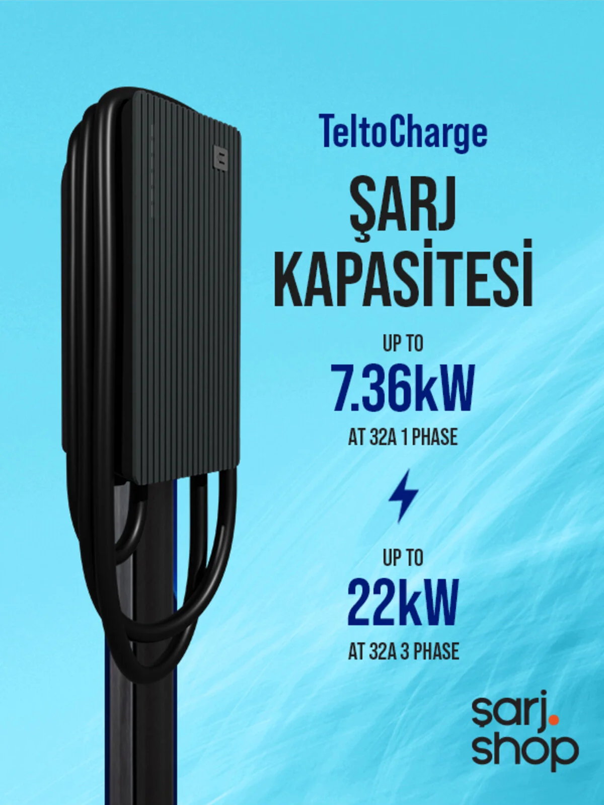 Mavi arka plan üzerinde siyah TeltoCharge şarj cihazı, 7.36kW ve 22kW'a kadar şarj kapasitesi gösteriyor.