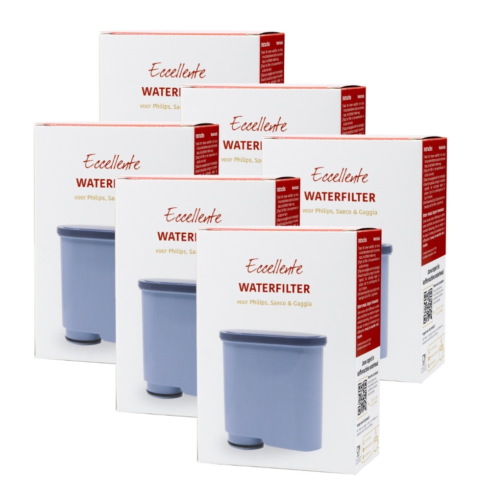 Six white Eccellente water filter boxes for coffee machines are stacked in front of a white background.