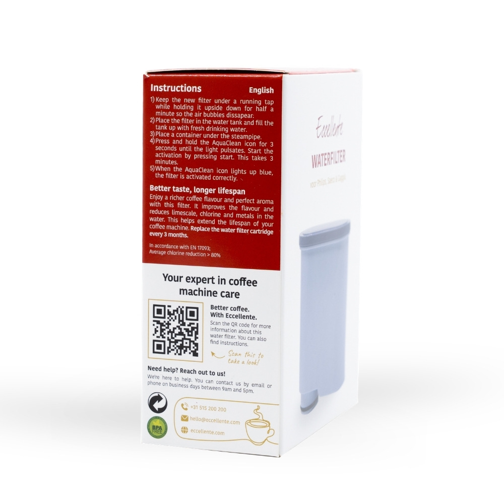 Product box of a water filter with English instructions and a QR code.