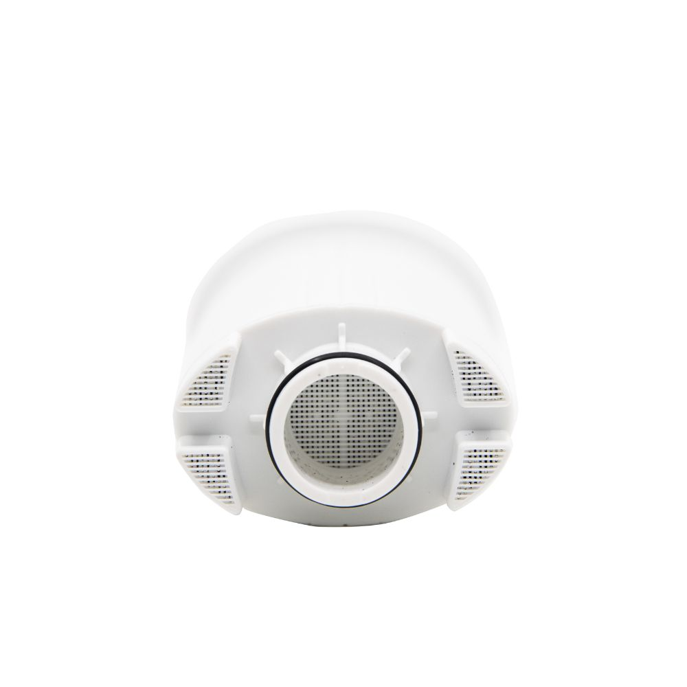 Bottom view of a white water filter cartridge with a central circular mesh opening and four mesh corners on white.