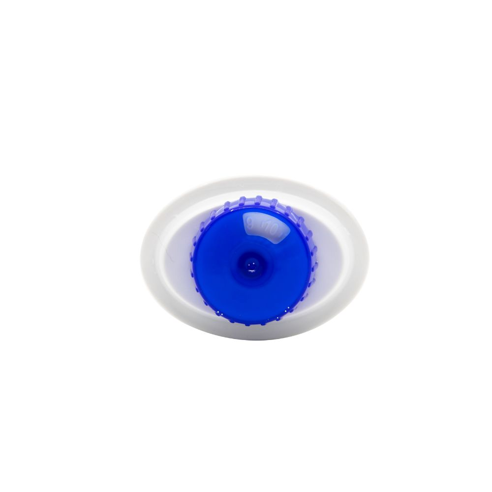 Top view of an oval white container with a blue dispensing cap featuring a small opening.