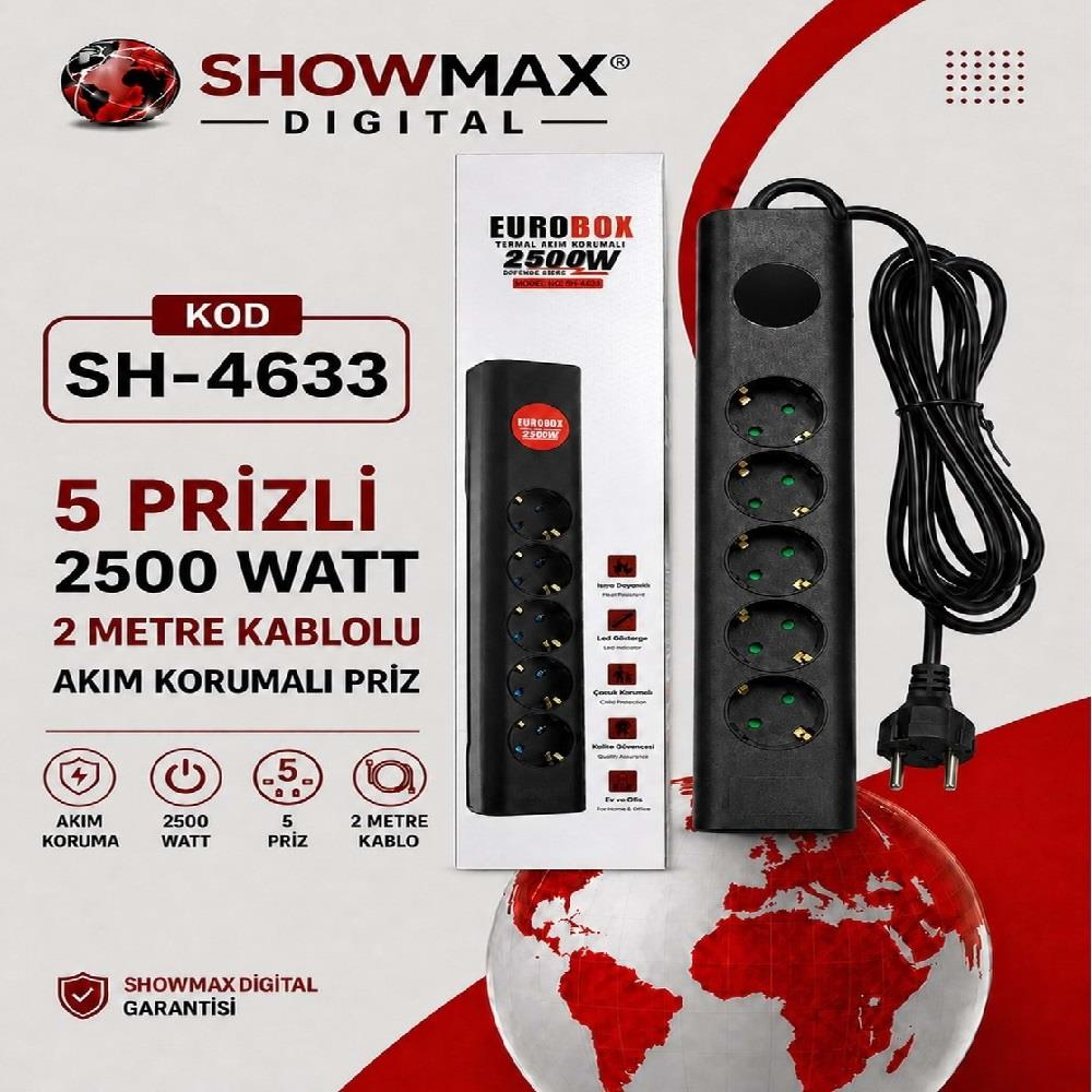 Kırmızı arka plan ve metin üzerinde, 2 metre kablolu, 2500W, akım korumalı, 5'li siyah priz.