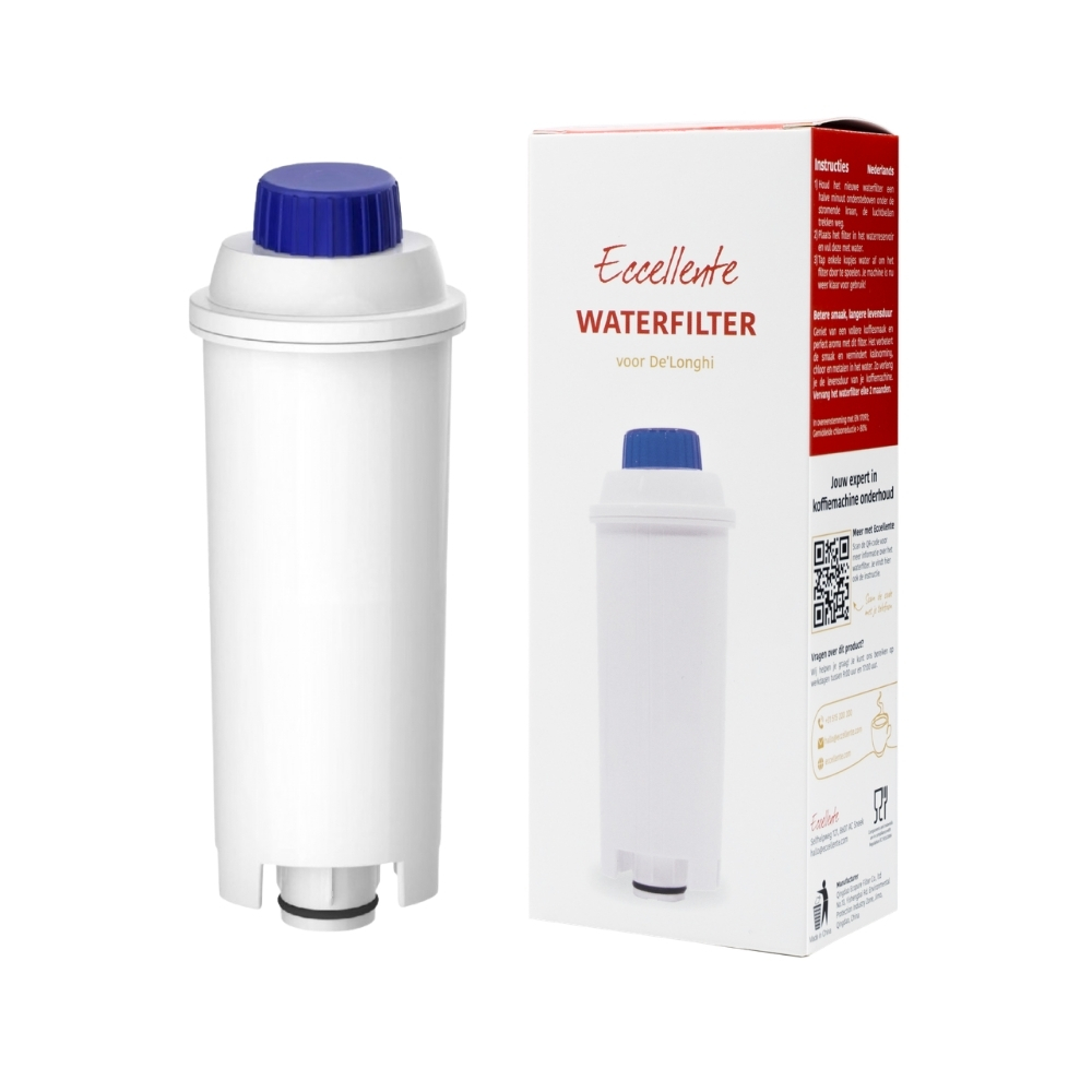 A white De'Longhi water filter with a blue cap stands next to its packaging box.