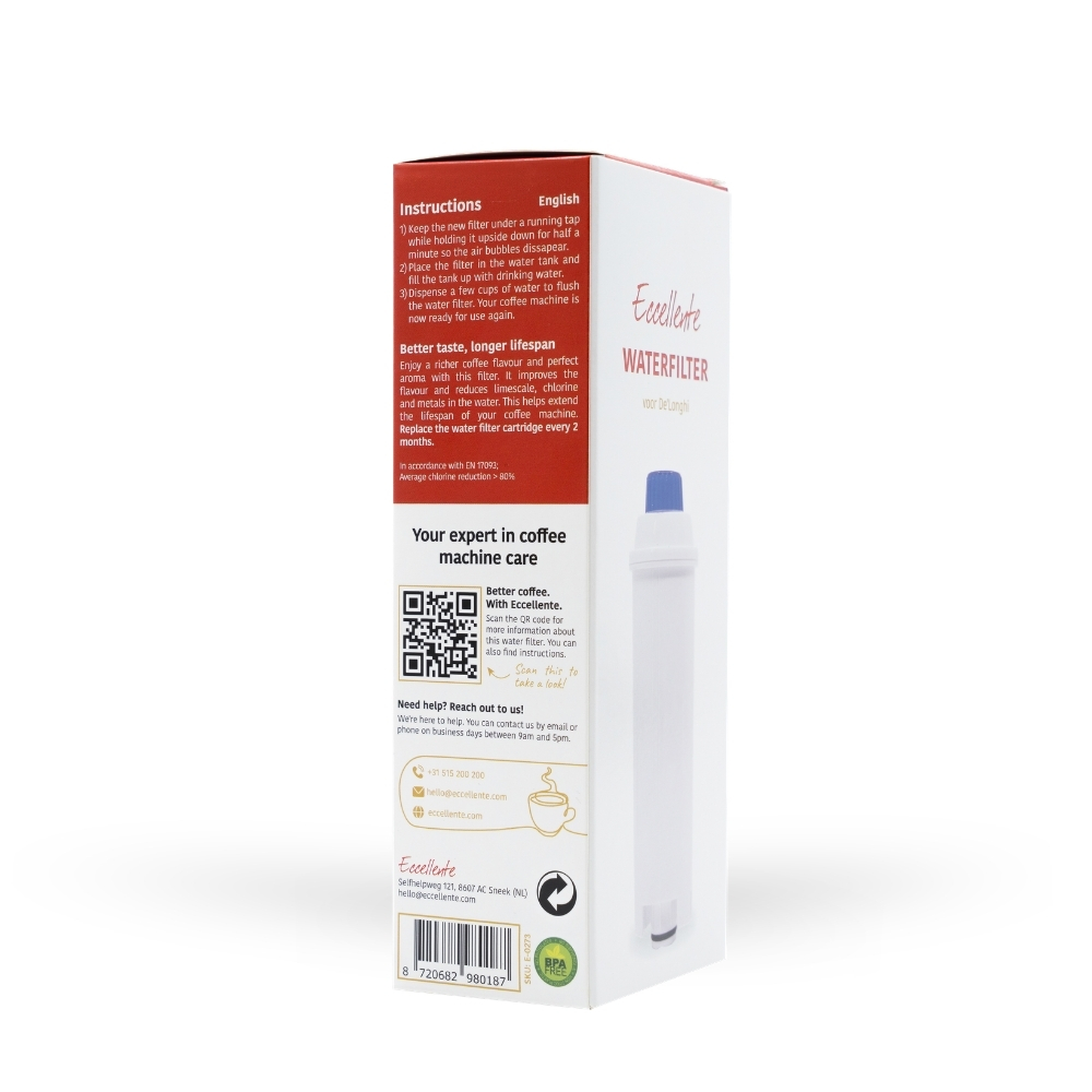 A white and red box for an Eccellente water filter, featuring instructions, contact info, and product image.