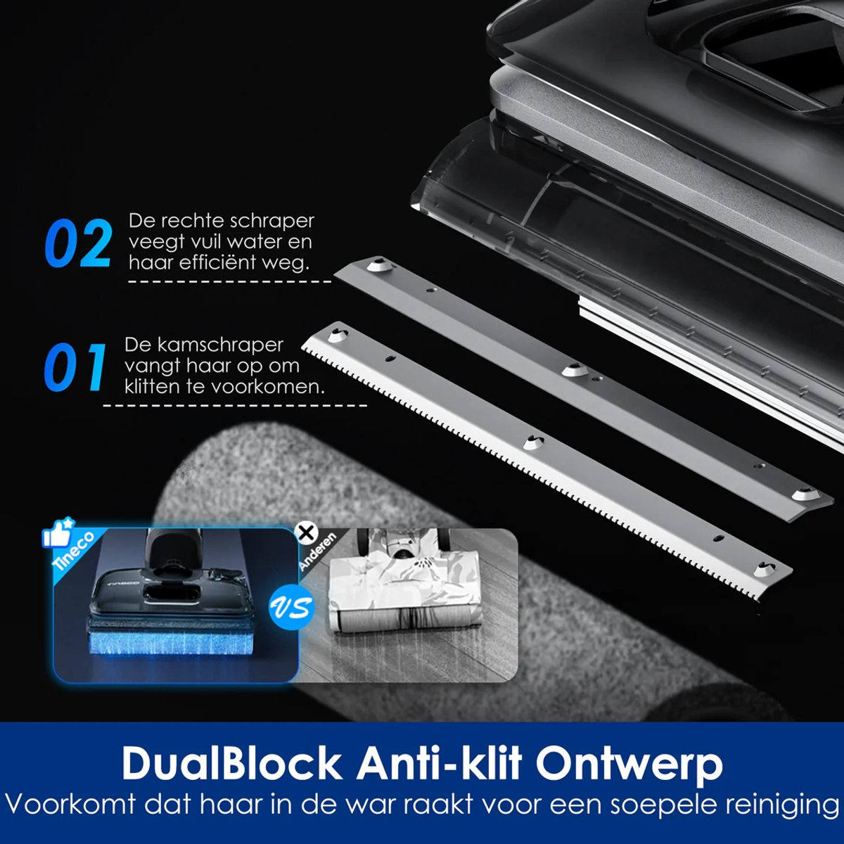 Diagramma mostra il design anti-aggrovigliamento DualBlock con due raschietti e un confronto.