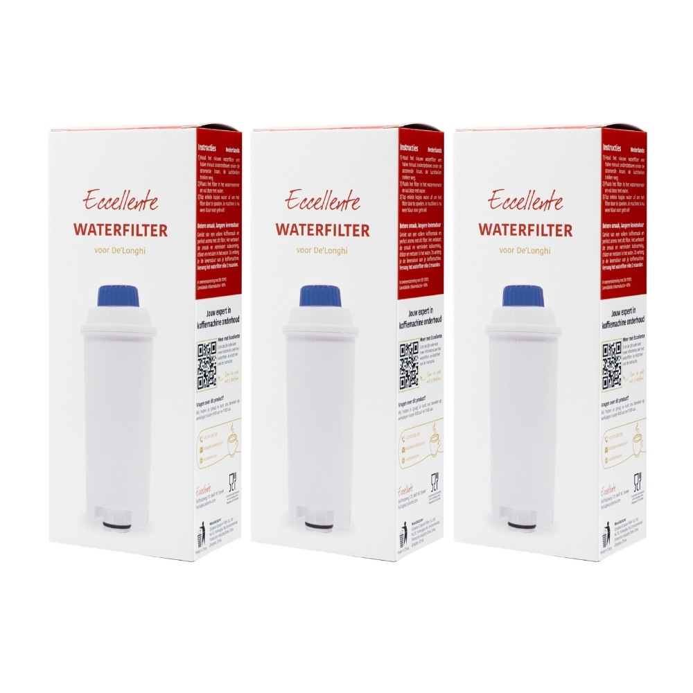 Three identical white and red boxes of Eccellente waterfilters for De'Longhi are standing side-by-side.