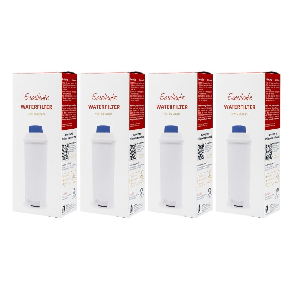 Four white boxes with red text for Eccellente water filters for De'Longhi.