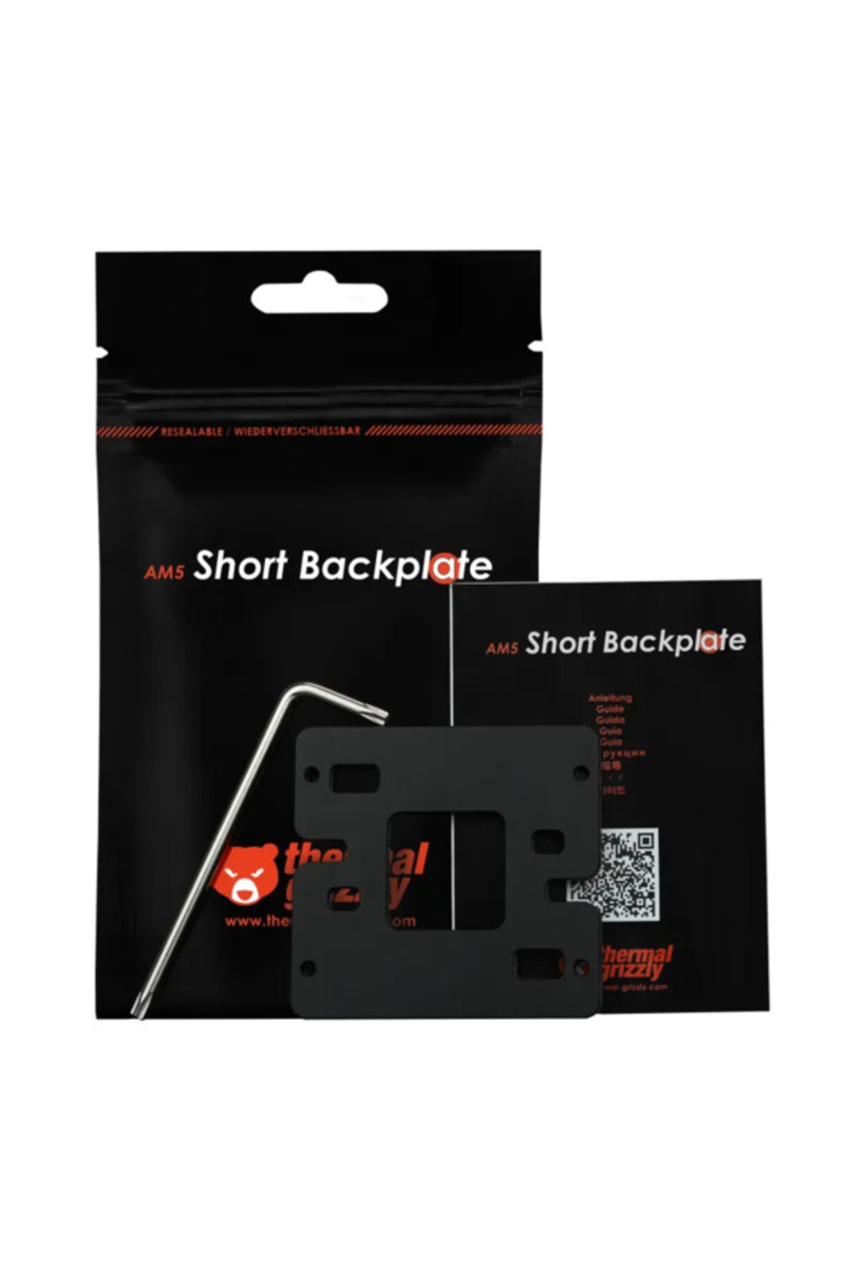 Ambalaj ve kılavuzun önünde alet bulunan AM5 Short Backplate.