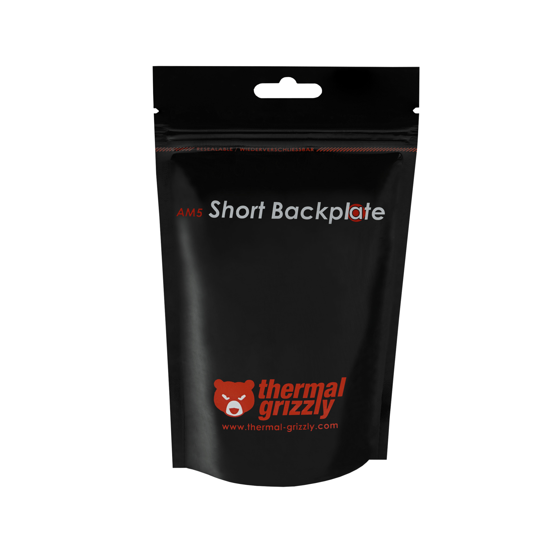 Turuncu logolu ve beyaz yazılı Thermal Grizzly AM5 Short Backplate siyah yeniden kapatılabilir poşet.