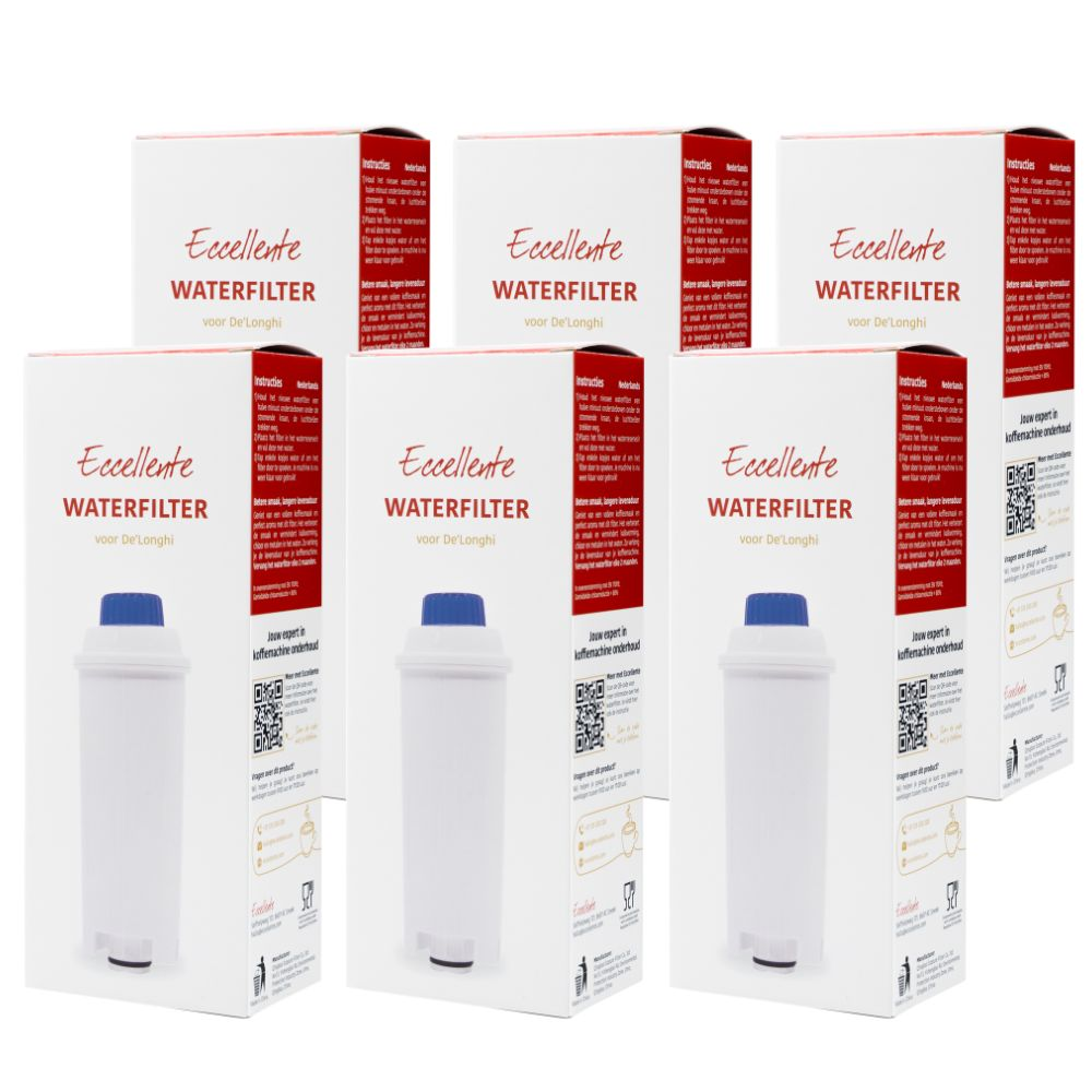 Six white boxes with red Eccellente water filter text and corresponding filters.