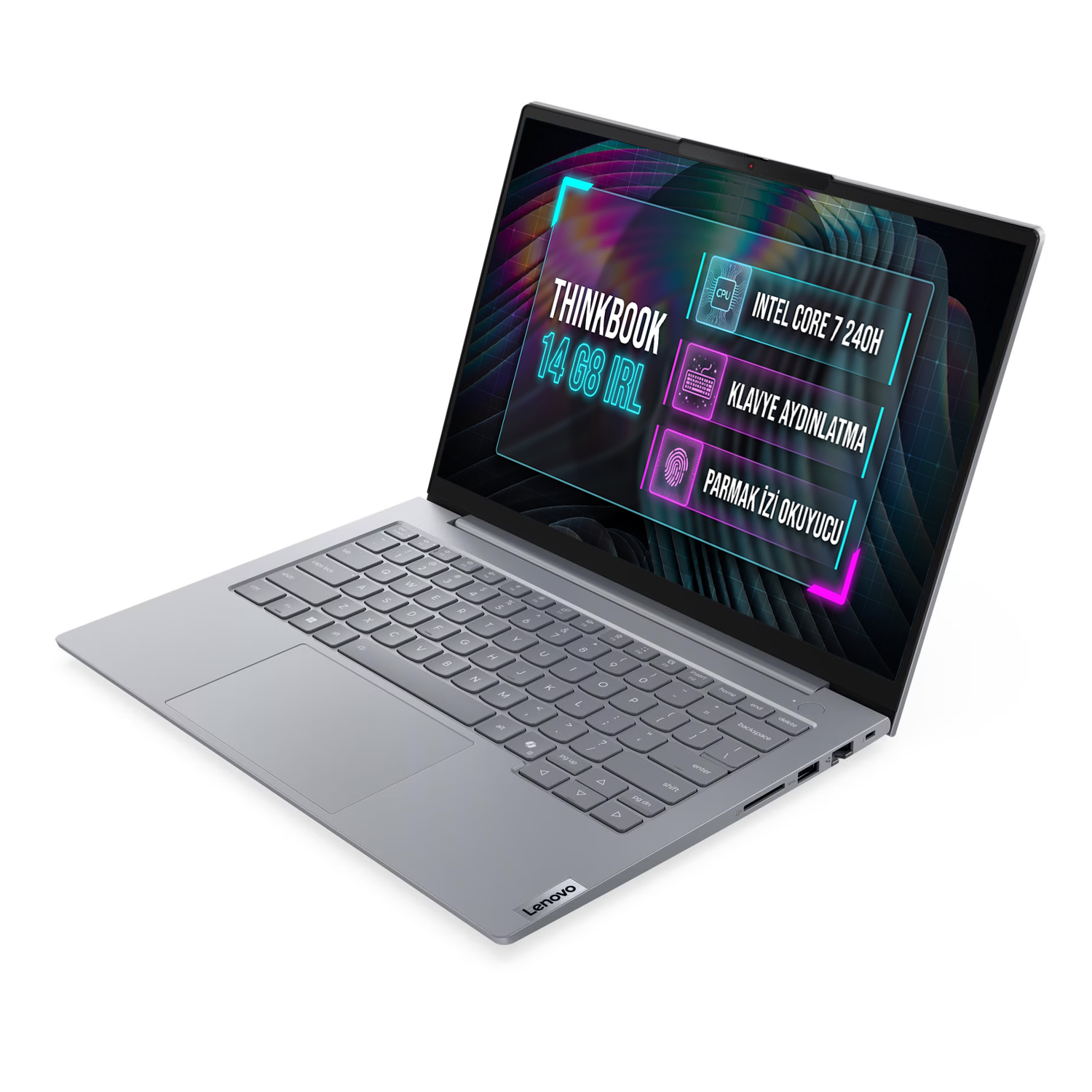 Beyaz arka planda açık gümüş renkli ThinkBook dizüstü bilgisayar, ekranda tanıtım metni gösteriyor.