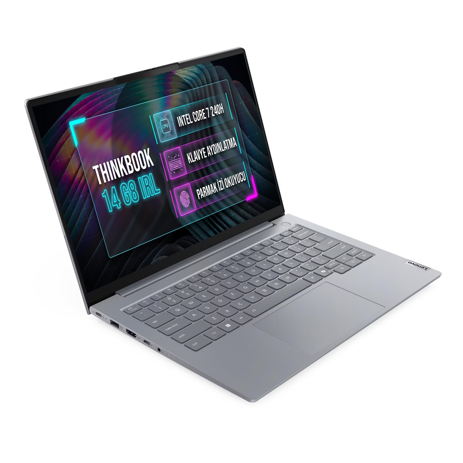 Beyaz arka planda ekranda renkli grafikler bulunan gümüş renkli Lenovo ThinkBook 14 G8 IRL dizüstü bilgisayar.