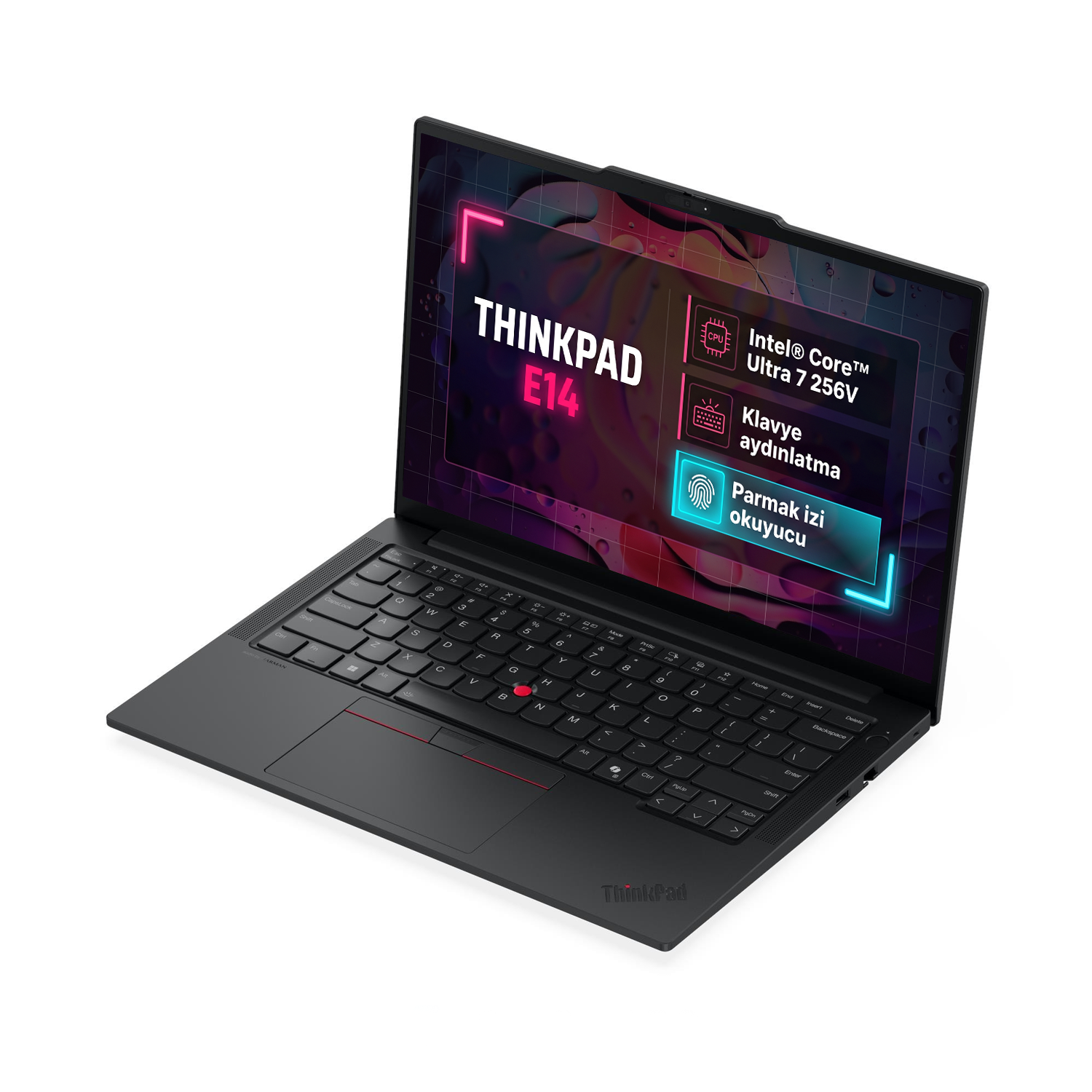 Siyah renkli açık ThinkPad E14 dizüstü bilgisayar, işlemci özelliklerini gösteriyor.