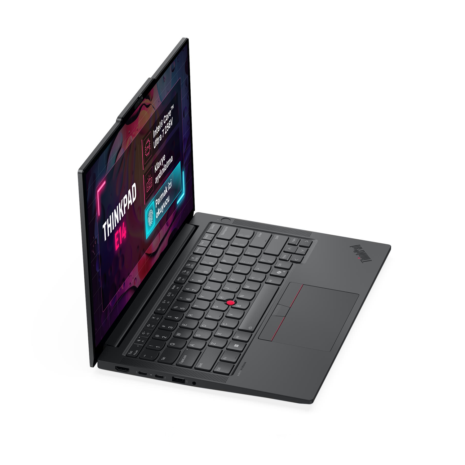 Beyaz arkaplanda açılı duran siyah ThinkPad E14 dizüstü bilgisayar, renkli ekran grafikleri gösteriyor.