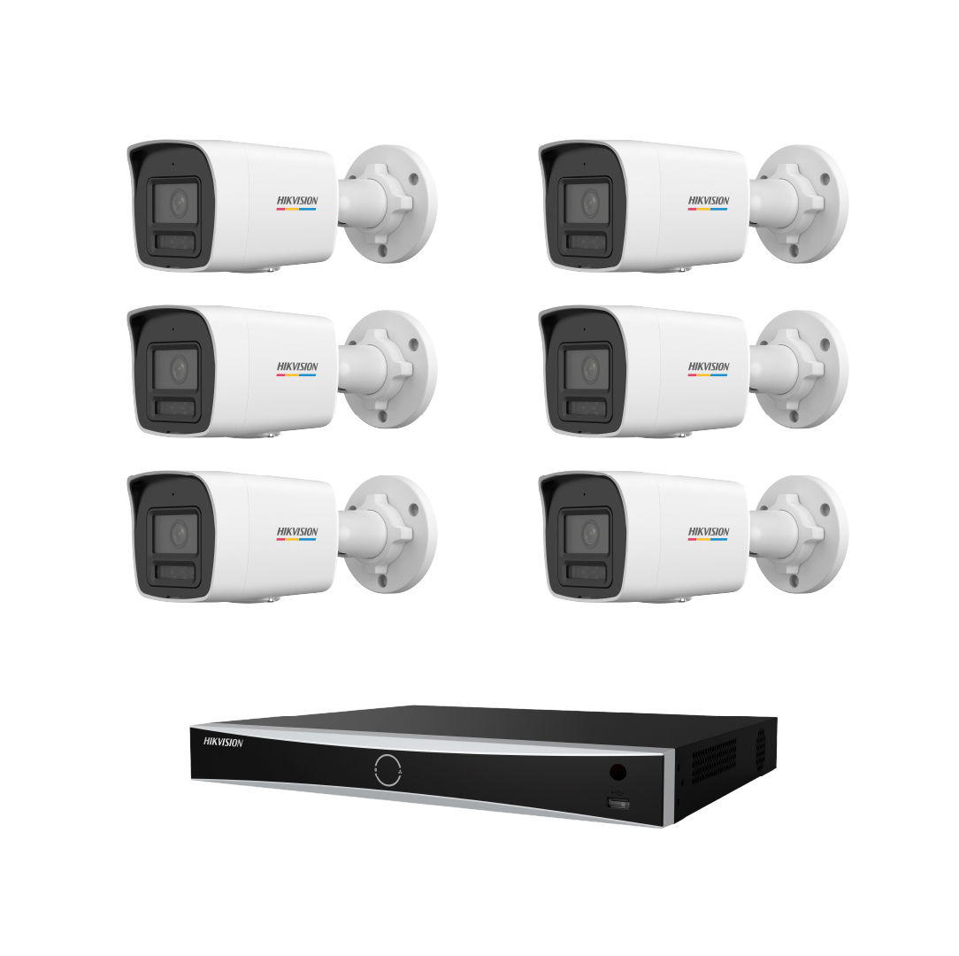 Beyaz arka planda altı beyaz Hikvision güvenlik kamerası ve bir siyah kayıt cihazı.