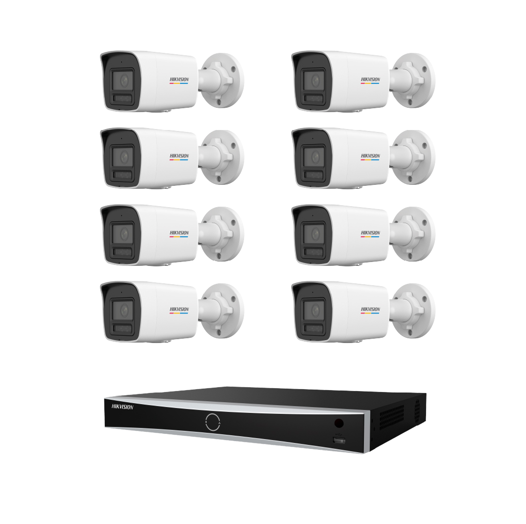 Beyaz arka planda sekiz adet beyaz Hikvision güvenlik kamerası ve bir siyah DVR kayıt cihazı.
