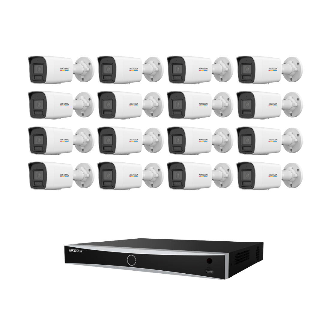 On altı beyaz Hikvision güvenlik kamerası ve bir DVR kayıt cihazı.