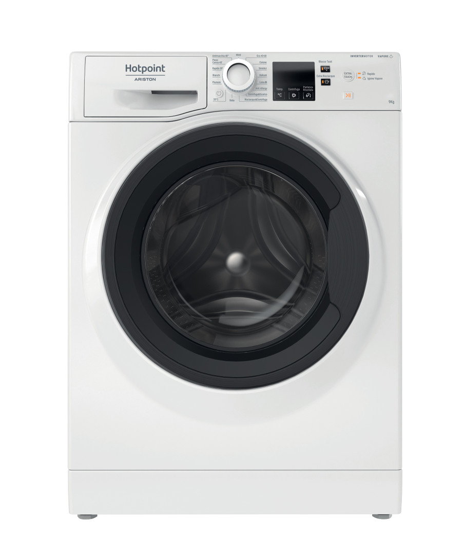 Una lavatrice bianca Hotpoint Ariston con oblò nero e pannello di controllo superiore.