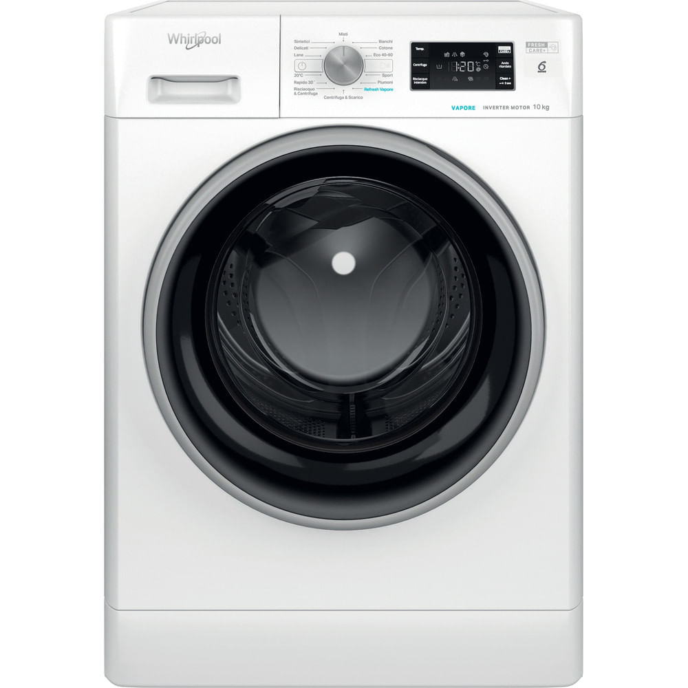 Una lavatrice a carica frontale Whirlpool bianca con display digitale e manopola.