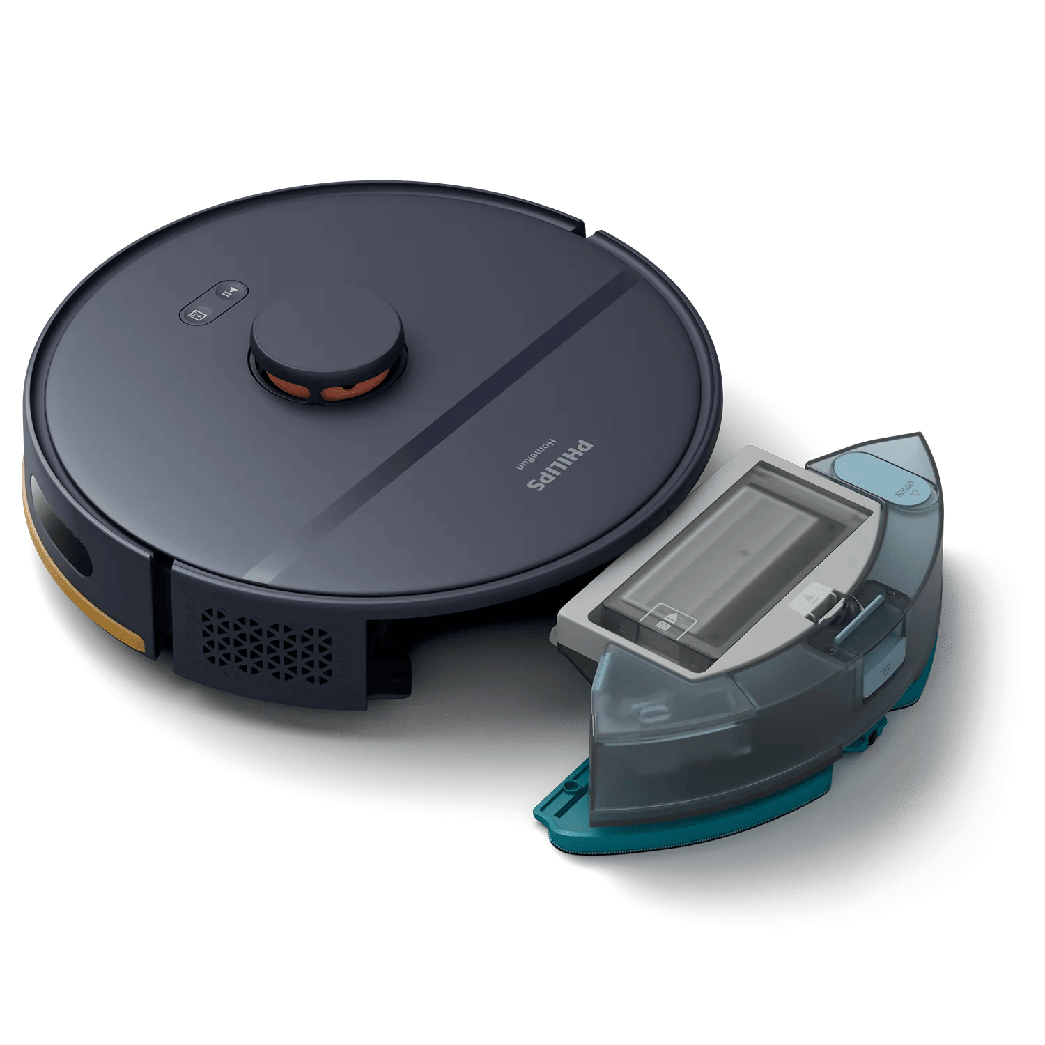 Robot aspirapolvere Philips blu scuro con serbatoio dell'acqua e contenitore della polvere rimossi su sfondo bianco.