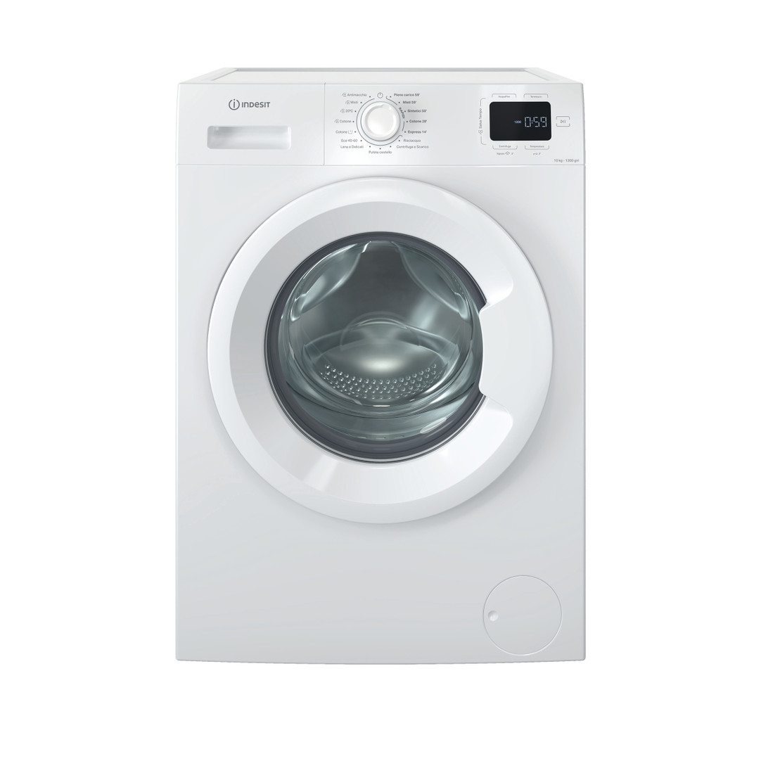 Una lavatrice a carica frontale bianca con display digitale e logo Indesit.