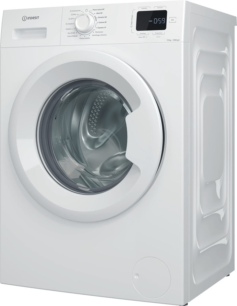 Una lavatrice a carica frontale bianca Indesit con display digitale e oblò in vetro.
