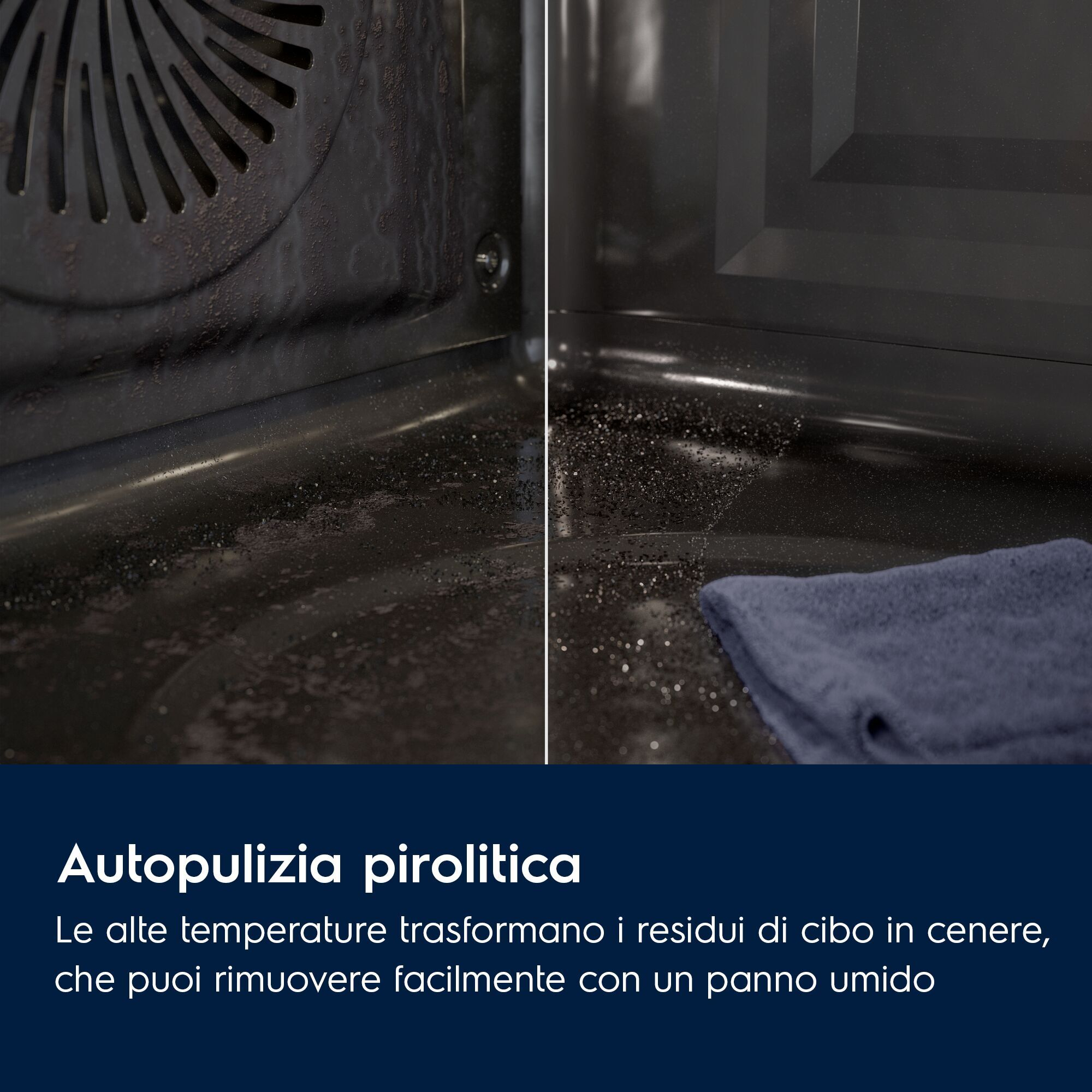 Interno del forno prima e dopo la pulizia pirolitica, con cenere rimossa.
