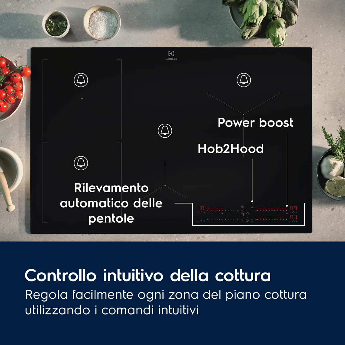 Piano cottura a induzione Electrolux nero con pannello di controllo touch intuitivo ed etichette esplicative.