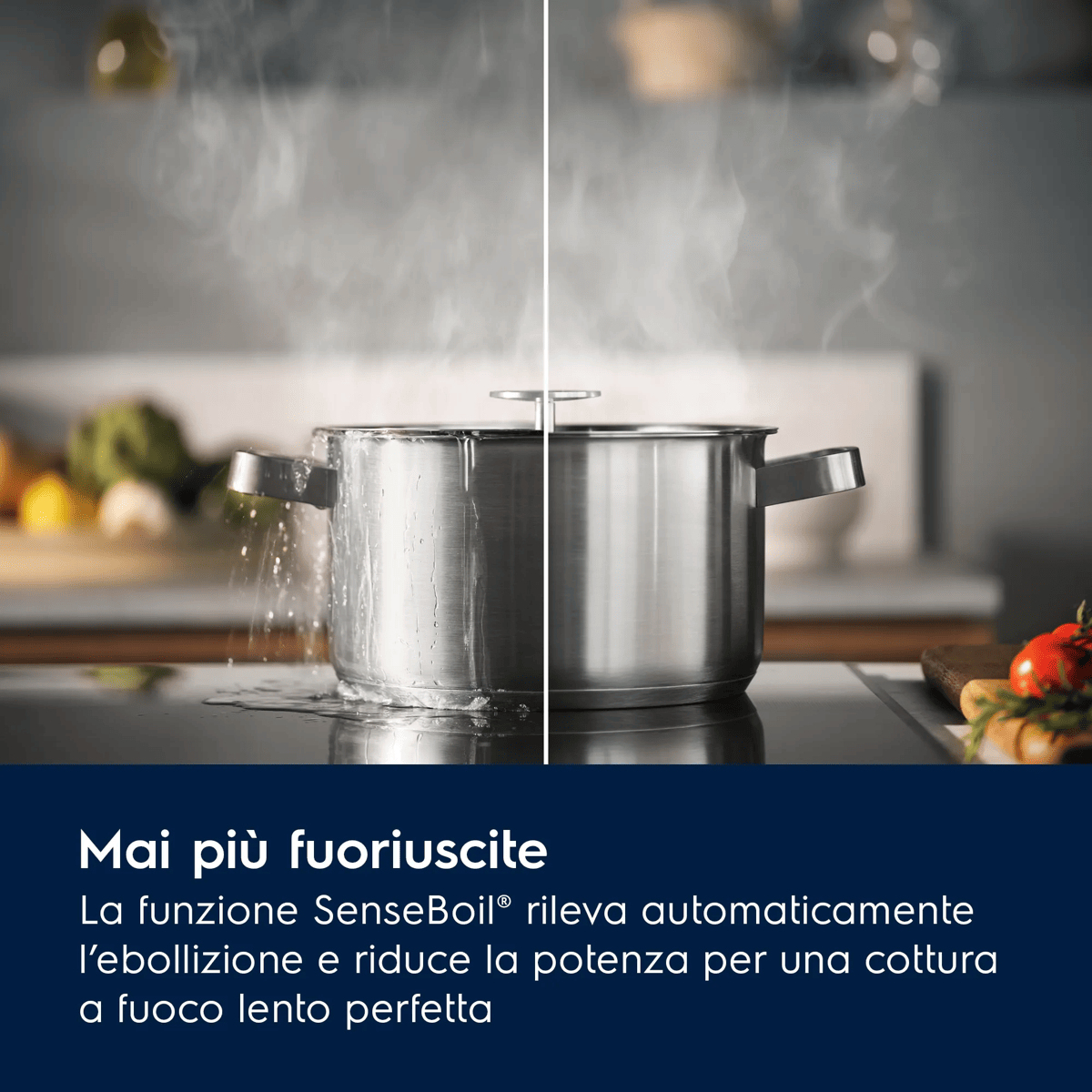 Confronto tra una pentola che trabocca a sinistra e una pentola controllata a destra con testo in italiano.