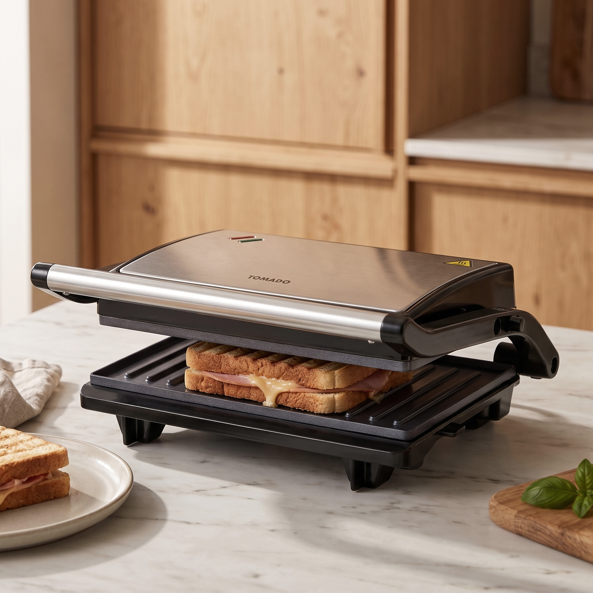 Ein Tomado-Kontaktgrill auf einer Küchentheke röstet ein Schinken-Käse-Sandwich.