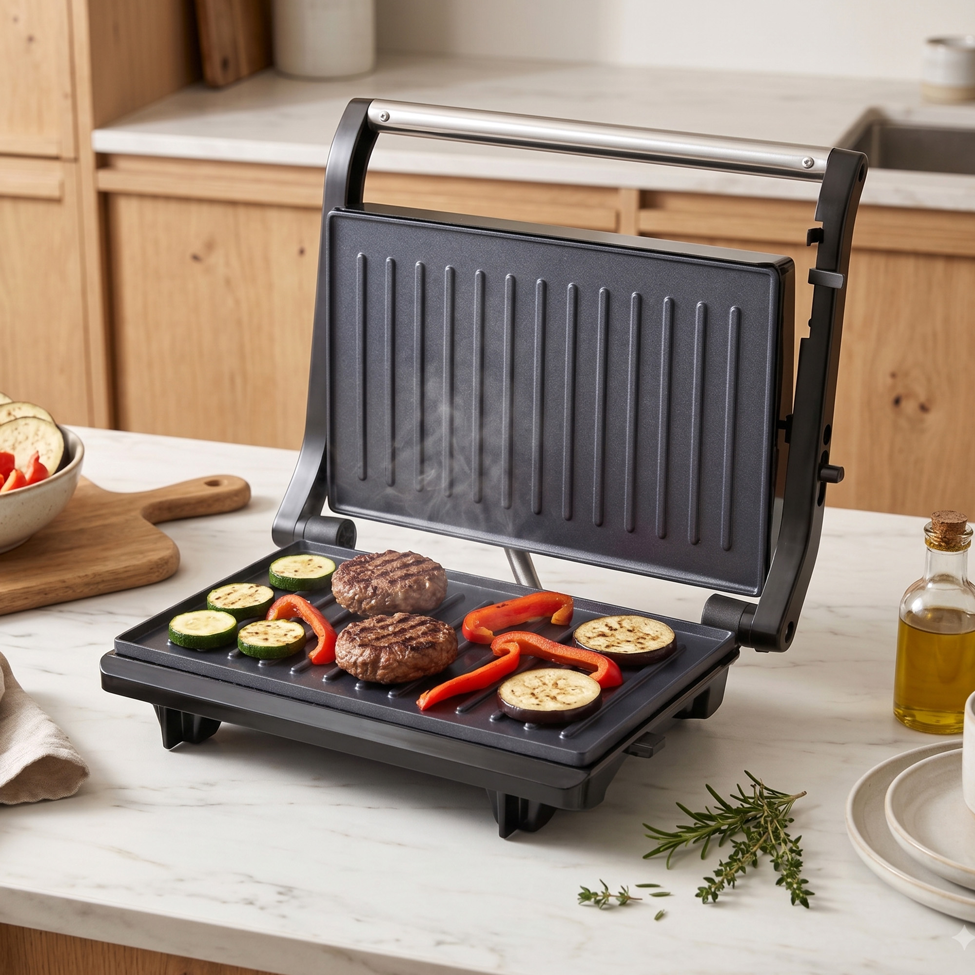 Ein Elektrogrill auf einer Küchentheke gart Burger, Zucchinischeiben und rote Paprika.