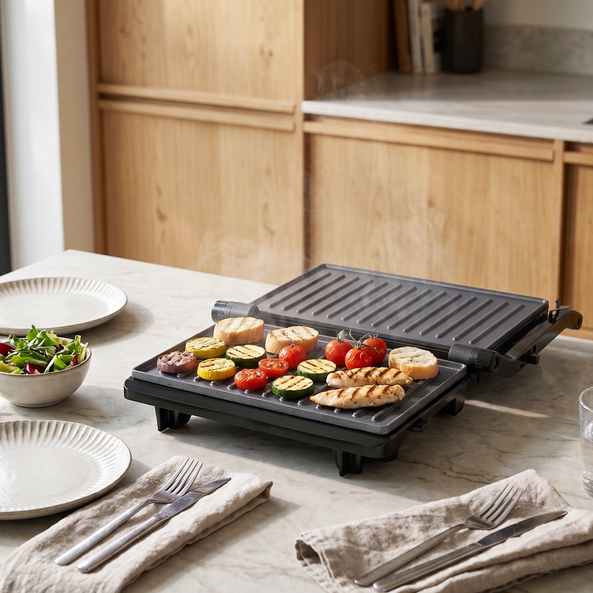 Ein elektrischer Grill auf einem Tisch mit Gemüse, Brot und Fleisch, daneben Salatschüsseln und gedecktes Geschirr.