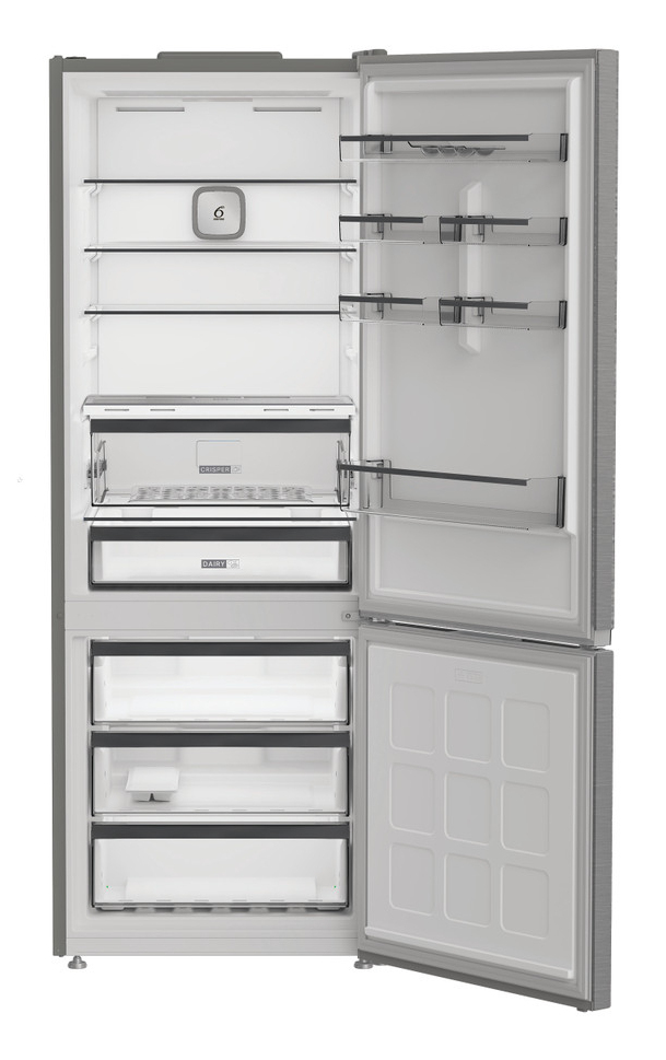 Frigorífico gris abierto con estantes de vidrio vacíos, cajones para verduras y compartimentos.