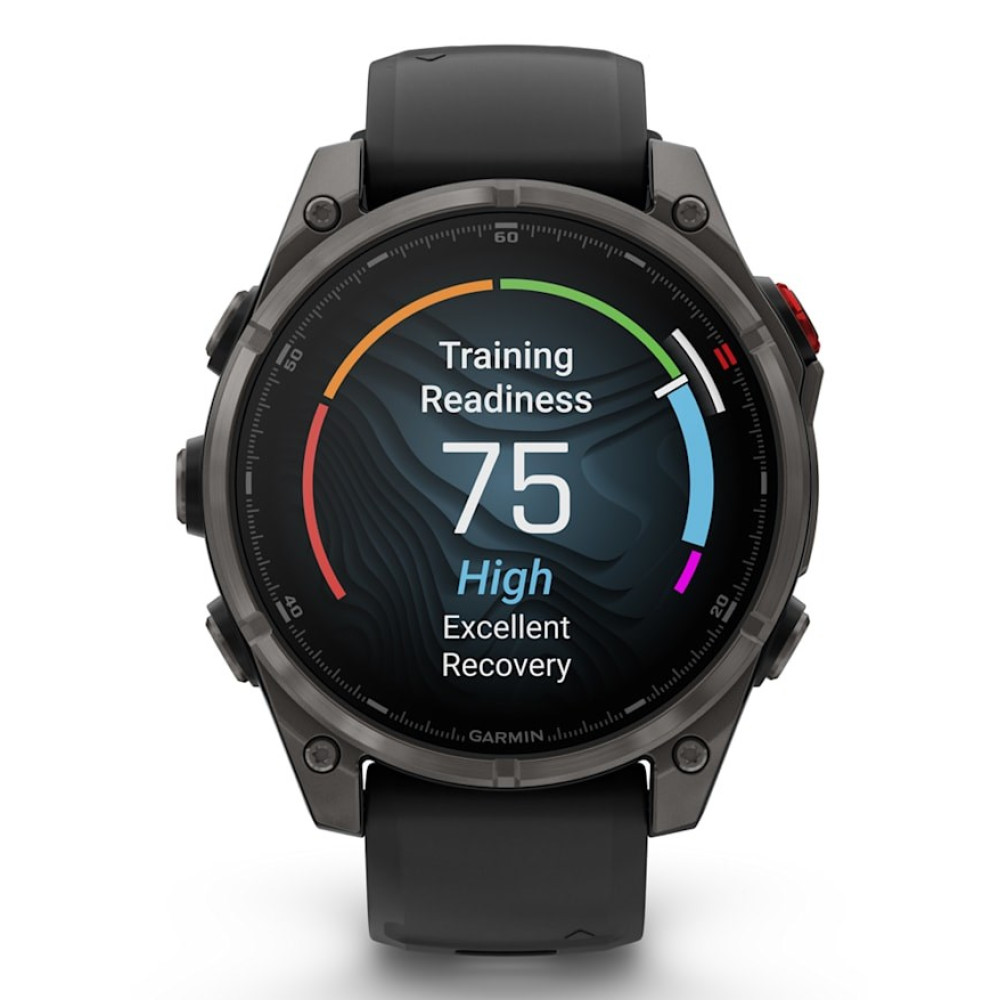 Un reloj inteligente negro muestra Preparación de entrenamiento 75, Alto y Excelente recuperación en una pantalla circular.