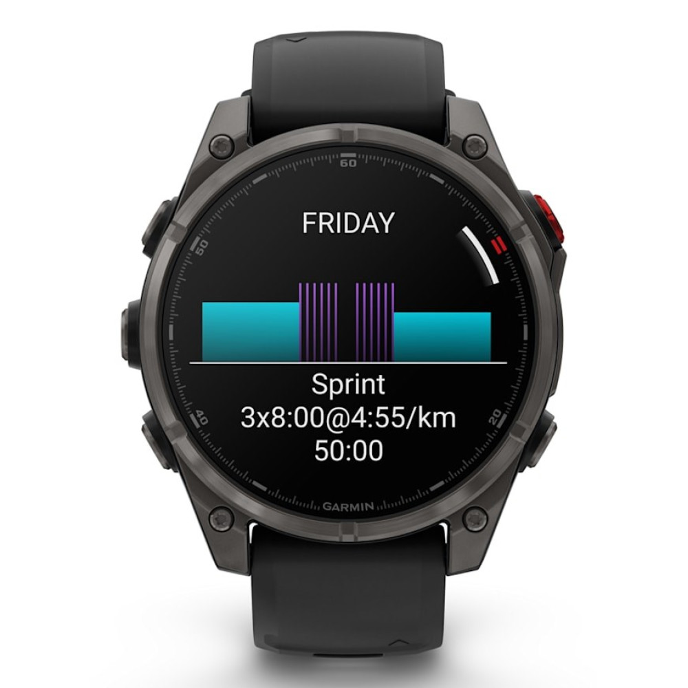 Un reloj deportivo negro muestra los datos de entrenamiento de sprint del viernes en su pantalla.