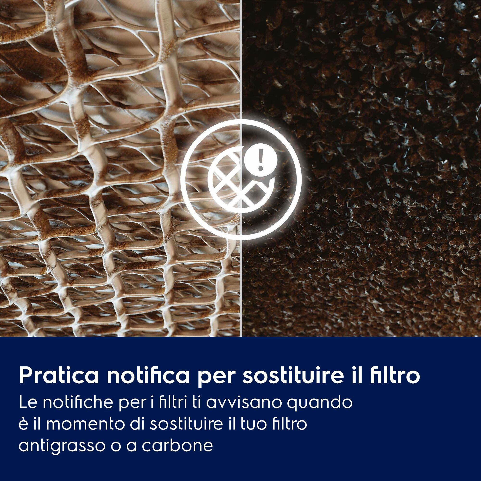 Comparación de dos filtros con icono de notificación y texto en italiano abajo.