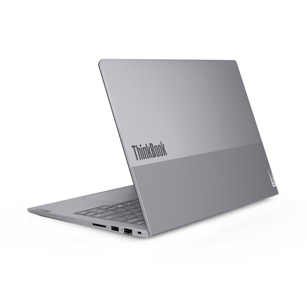 Srebrny laptop Lenovo ThinkBook jest częściowo otwarty na białym tle.