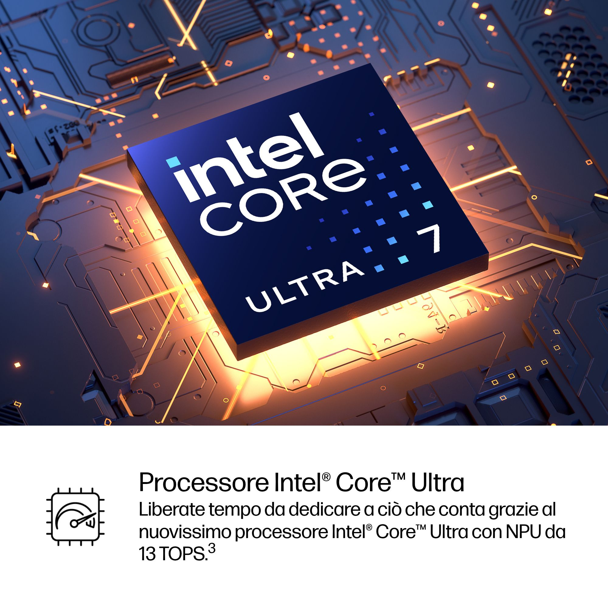 Processore Intel Core Ultra 7 montato su una scheda madre blu luminosa.