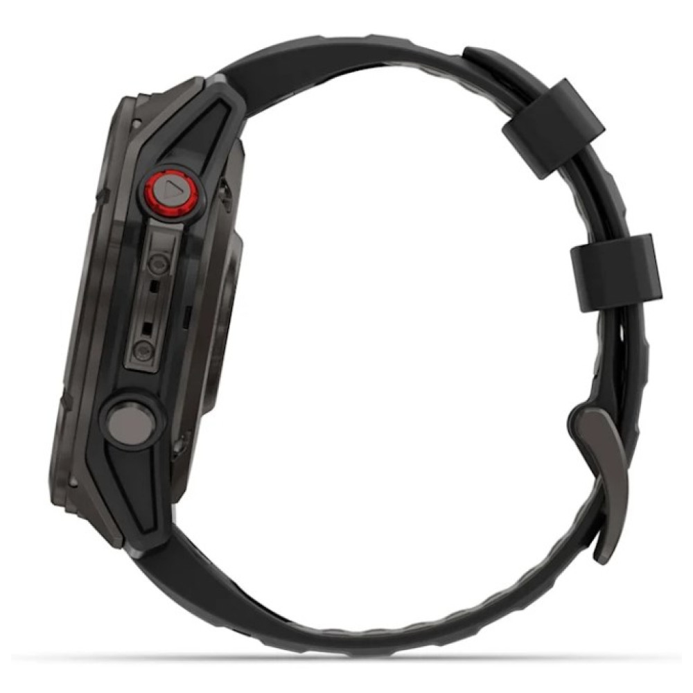Czarny, wytrzymały smartwatch z teksturowanym paskiem i bocznymi przyciskami.