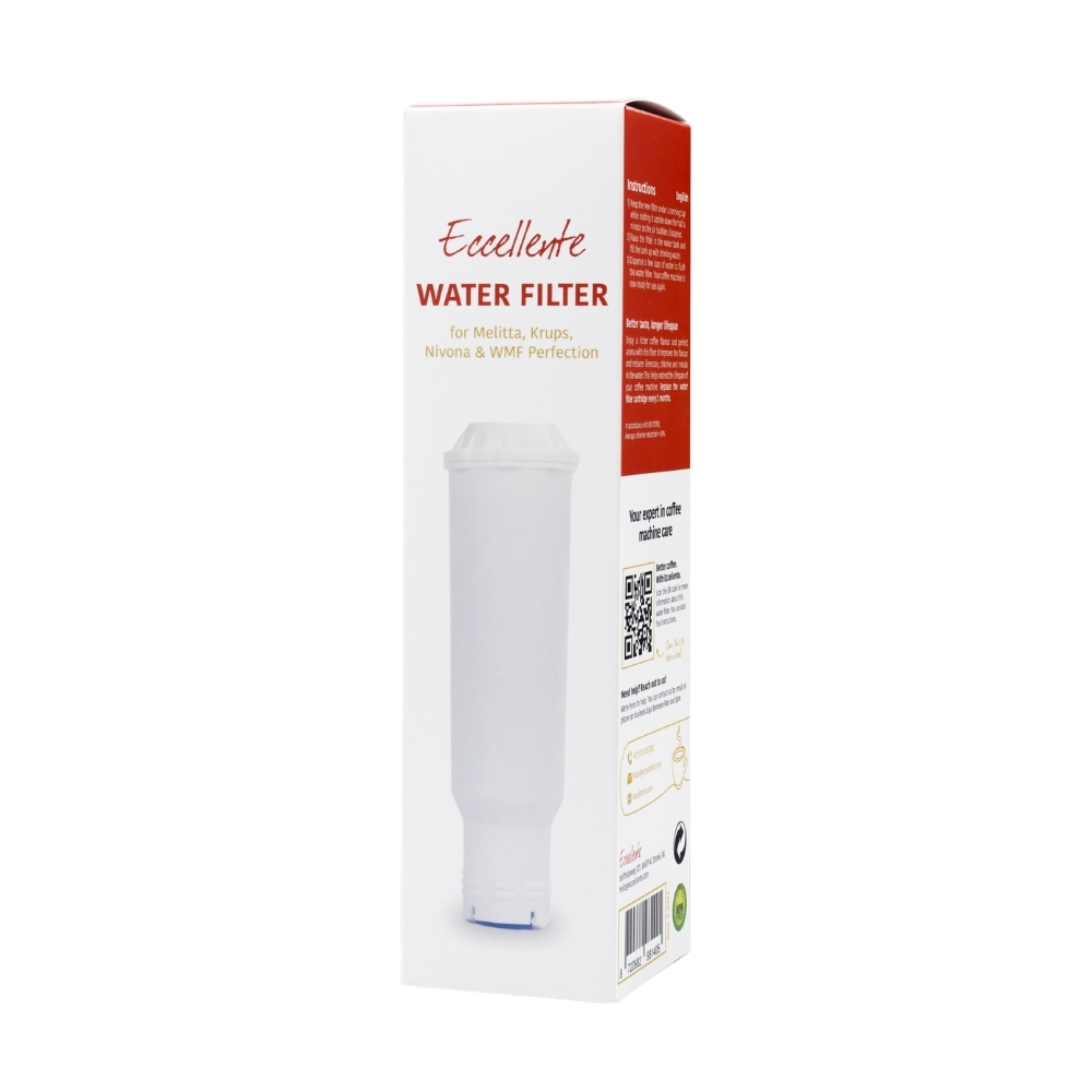 A white and red box for an Eccellente water filter, featuring text and an image of the cylindrical filter.