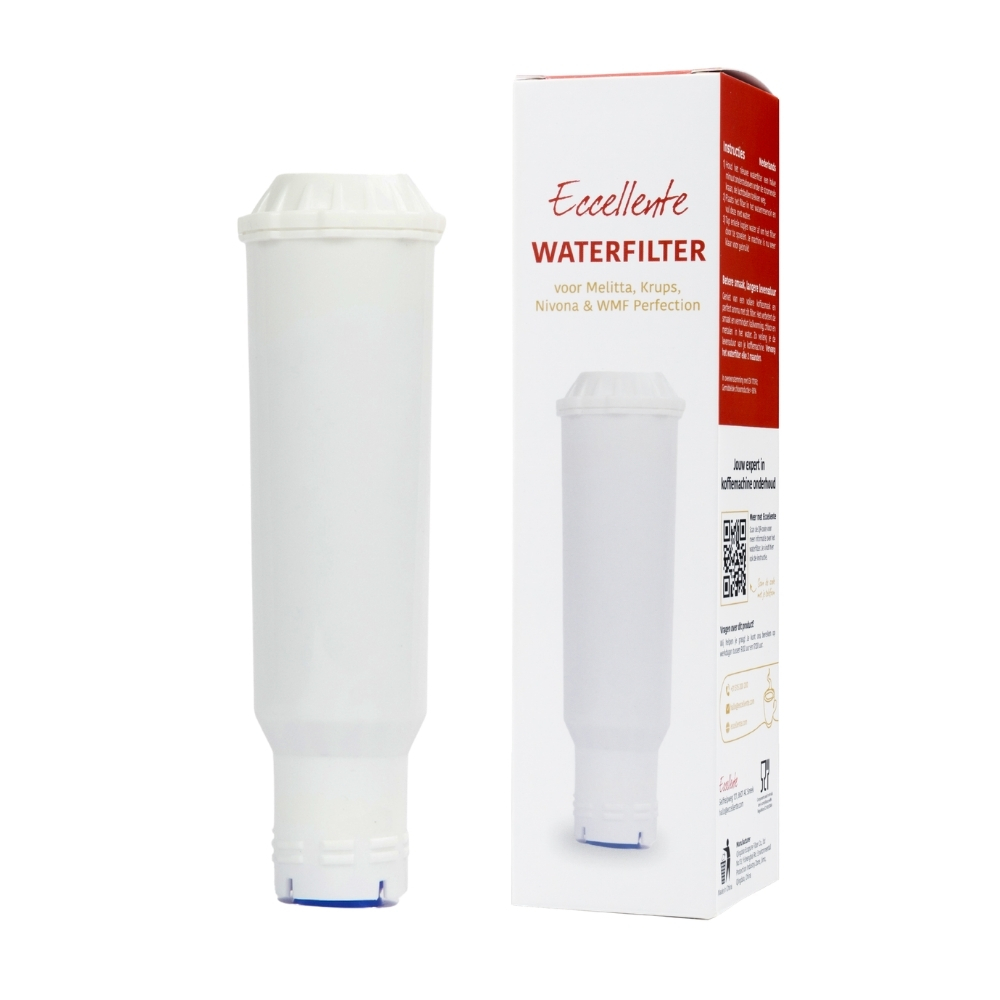 A white water filter standing next to its product packaging box on a white background.