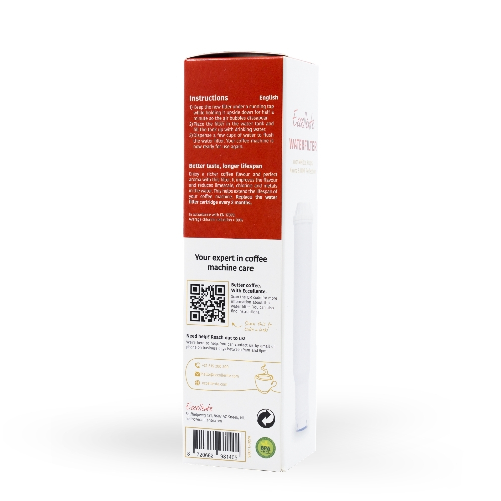 Back of a red and white Eccellente water filter box with instructions, QR code, and contact info.