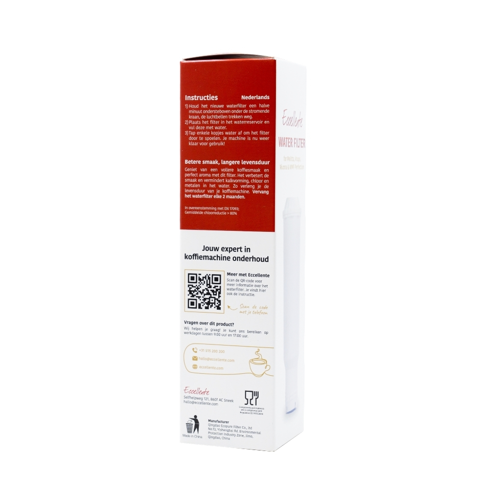 Side view of a red and white box for an Eccellente water filter, featuring text, a QR code, and icons.