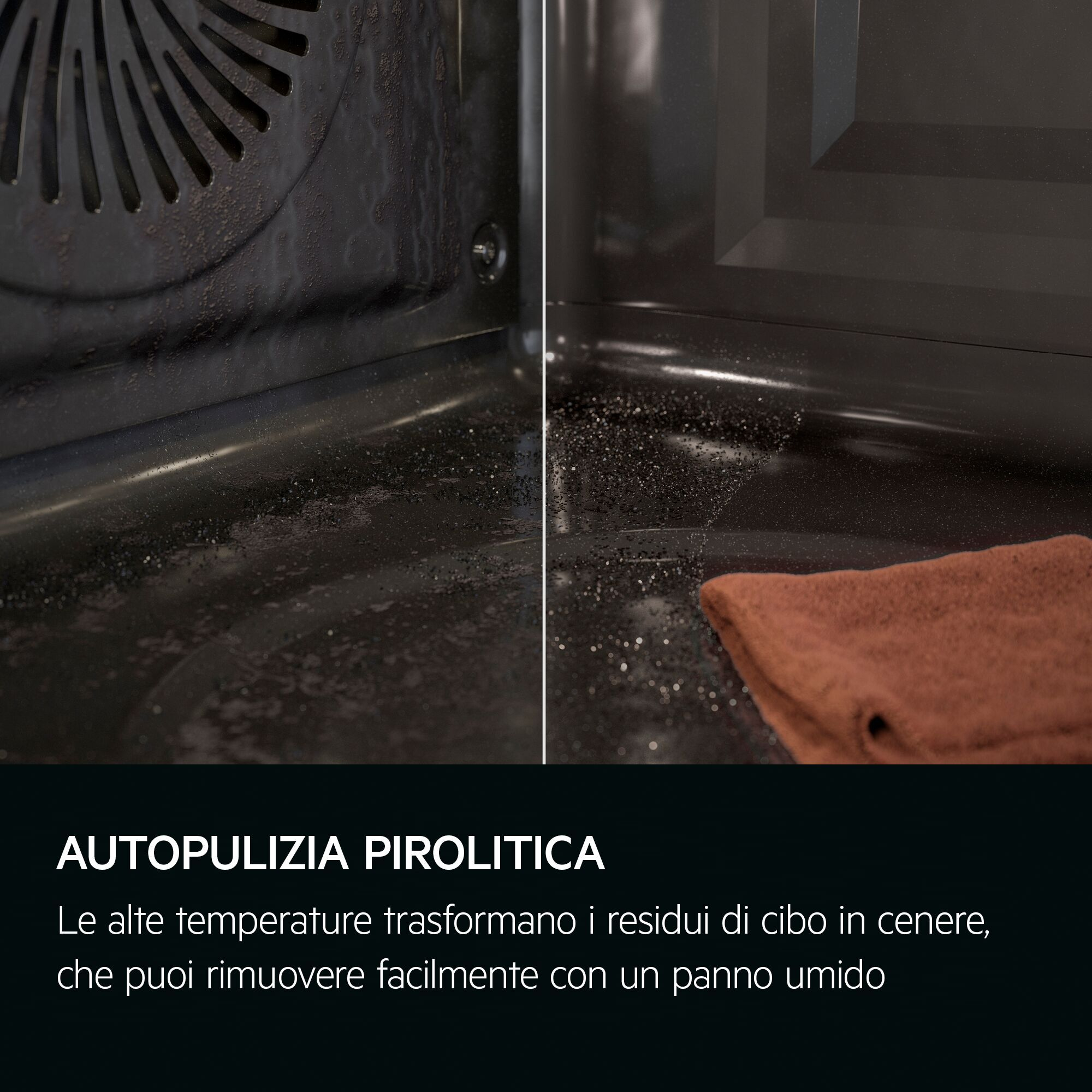Confronto forno: interno sporco prima della pulizia e pulito dopo aver usato un panno umido.