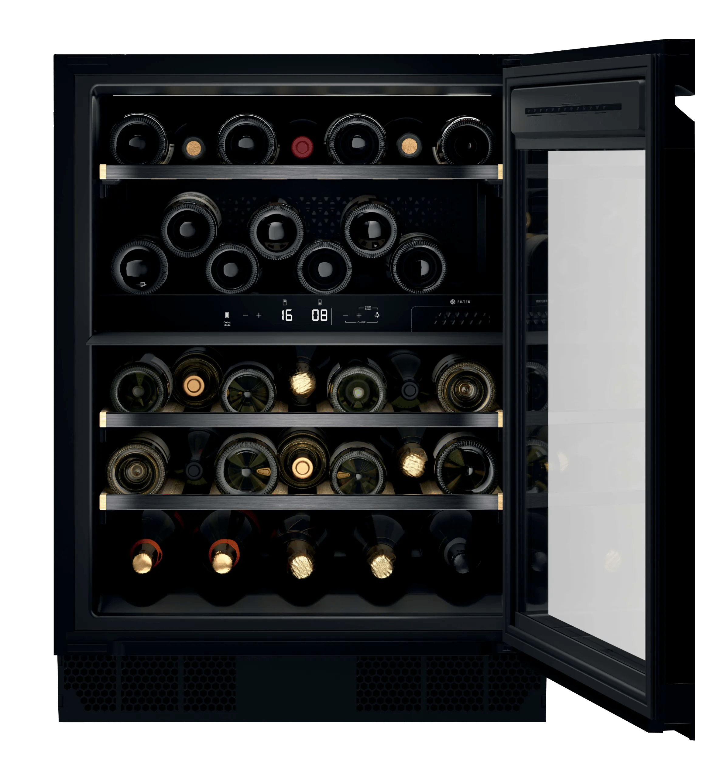 Una vinoteca negra con puerta de cristal, estantes iluminados con botellas de vino y pantalla digital.