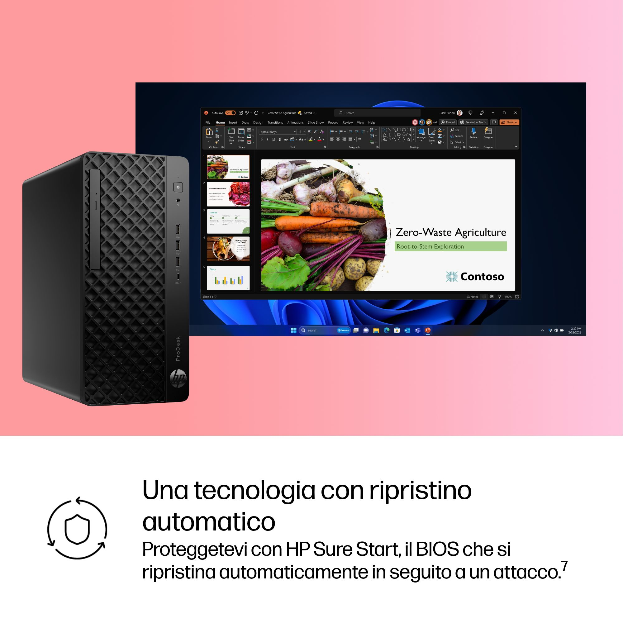Computer desktop HP ProDesk e monitor con presentazione sull'agricoltura.