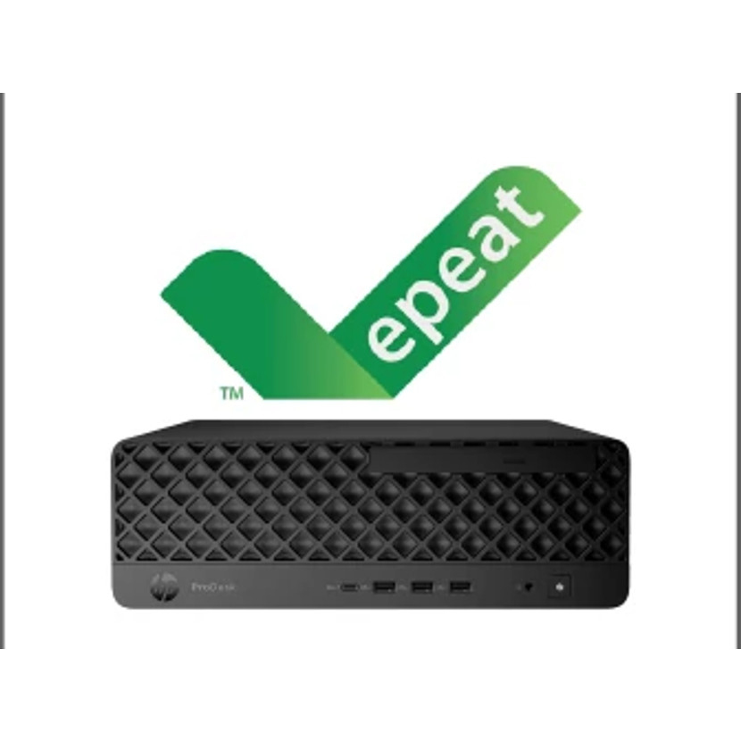 Un mini PC HP ProDesk nero si trova sotto un logo verde di spunta EPEAT su sfondo bianco.