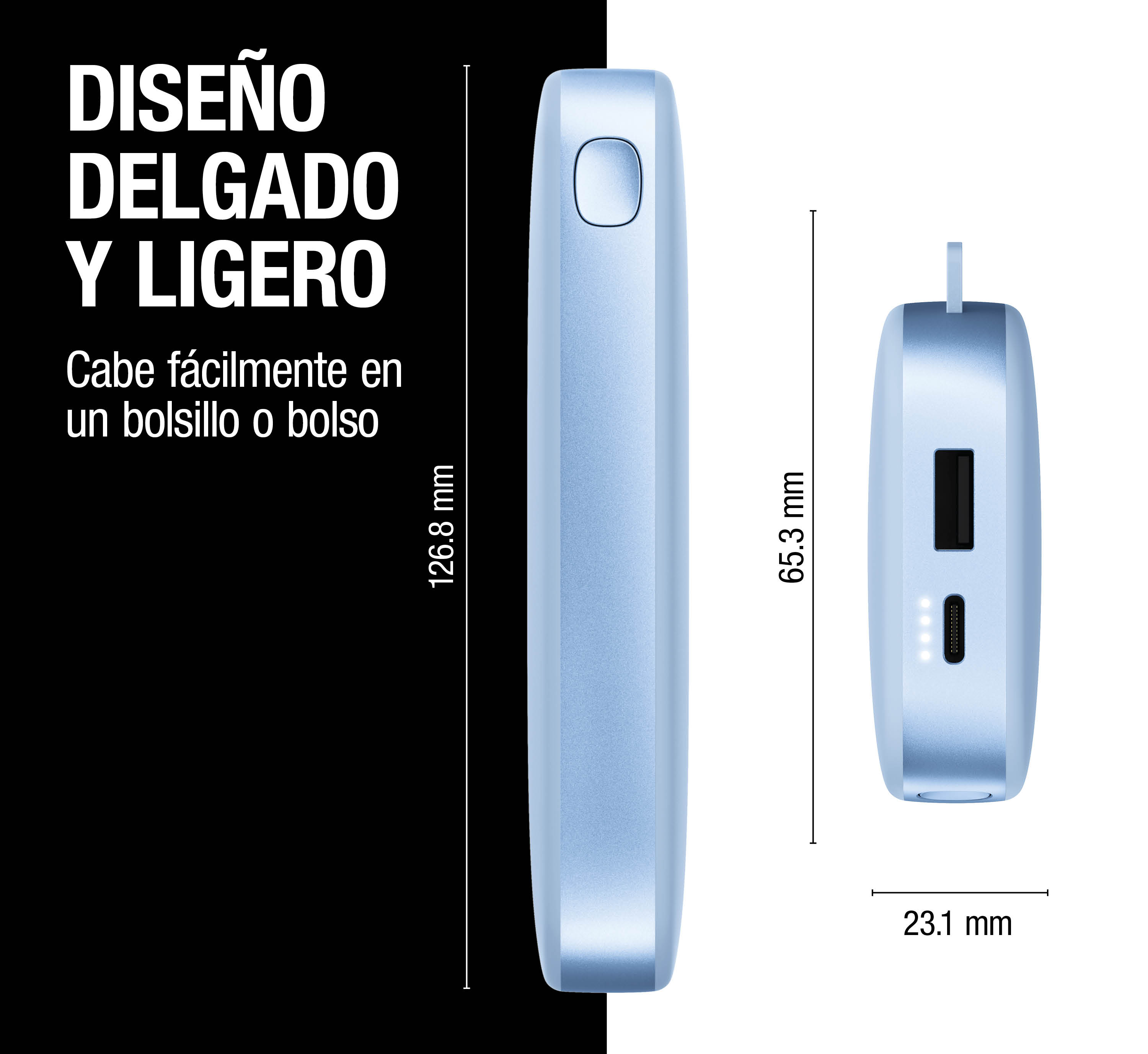 Power bank blu sottile e leggero con dimensioni su sfondo bianco e nero.